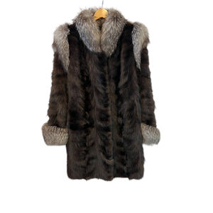 VINTAGE Mink Fur Brown Grey Trim Mid Length Heavy Coat Jacket L